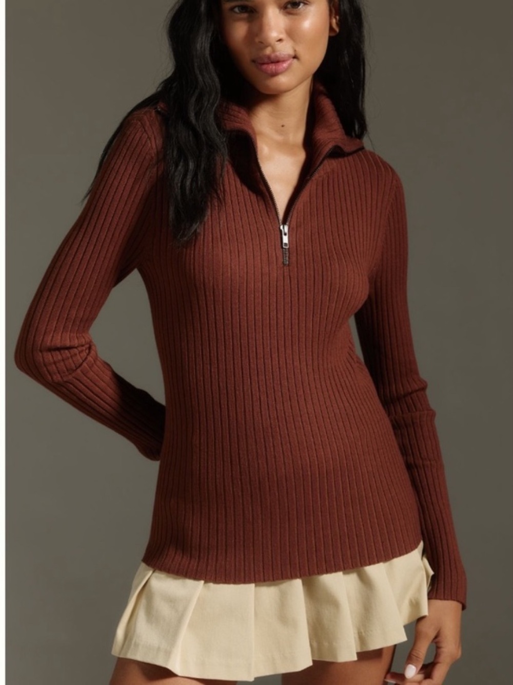 Anthropologie Maeve Fitted Half-Zip Sweater Ribbed Chocolate Brown Size XXS